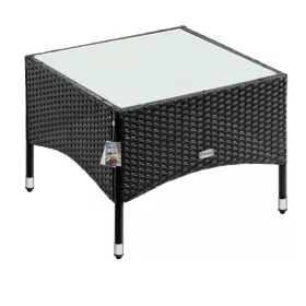   Polyrattan kerti dohányzóasztal 58 x 58 x 42 cm fekete, üveglappal