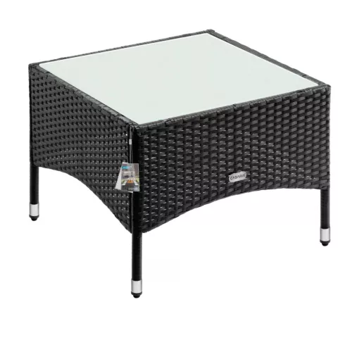 Polyrattan kerti dohányzóasztal 58 x 58 x 42 cm fekete, üveglappal
