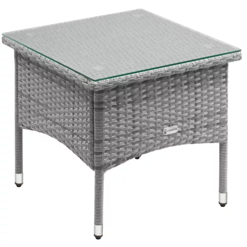 Polyrattan kerti dohányzóasztal 50x50x45 cm szürke kerti asztal üveglappal