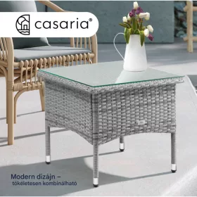   Polyrattan kerti dohányzóasztal 50x50x45 cm szürke kerti asztal üveglappal