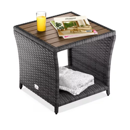 Polyrattan kerti dohányzóasztal akácfa lappal 40x45x45 cm szürke kültéri asztal