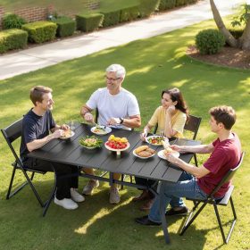   Kerti asztal 1500x960x725 mm téglalap alakú kerti étkezőasztal vízálló napernyő nyílással 68 kg teherbírás fekete