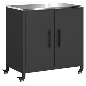   Kerti szekrény rozsdamentes munkafelülettel mobil kerti tároló és ültetőasztal mágneses polccal, dupla ajtókkal, görgővel