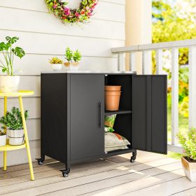   Kerti szekrény rozsdamentes munkafelülettel mobil kerti tároló és ültetőasztal mágneses polccal, dupla ajtókkal, görgővel