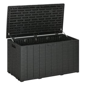   Kerti tároló láda 366L műanyag párnatartó box kerekekkel, süllyesztett fogantyúkkal, fahatású felülettel