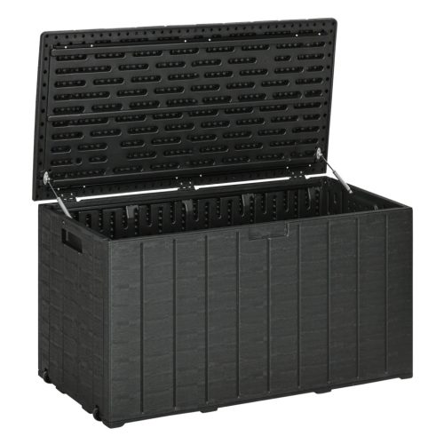 Kerti tároló láda 366L műanyag párnatartó box kerekekkel, süllyesztett fogantyúkkal, fahatású felülettel