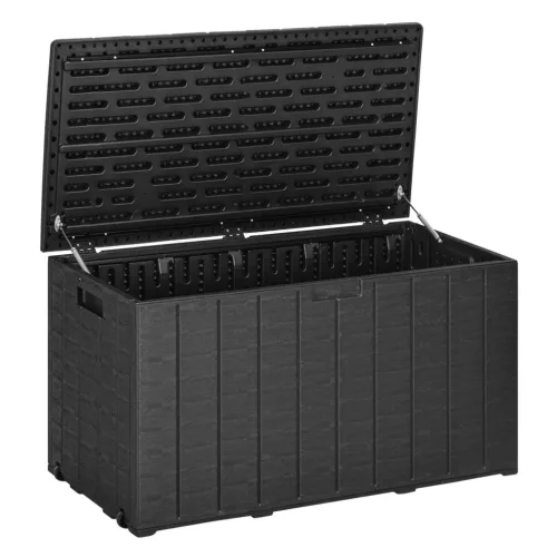 Kerti tároló láda 366L műanyag párnatartó box kerekekkel, süllyesztett fogantyúkkal, fahatású felülettel