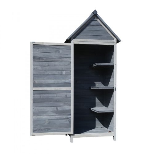 Garden shed, garden cabinet made of light gray wood 77 x 53 x 179 cm, with saddle roof and door