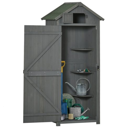 Kerti fészer 77x54,2x179 cm időjárásálló szerszámoskamra ajtós kerti ház polcos szerszámosszekrény szürke-zöld