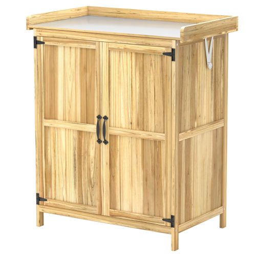 Kerti tárolószekrény munkafelülettel ültetőasztal fa szerszámos szekrény rozsdamentes munkalappal