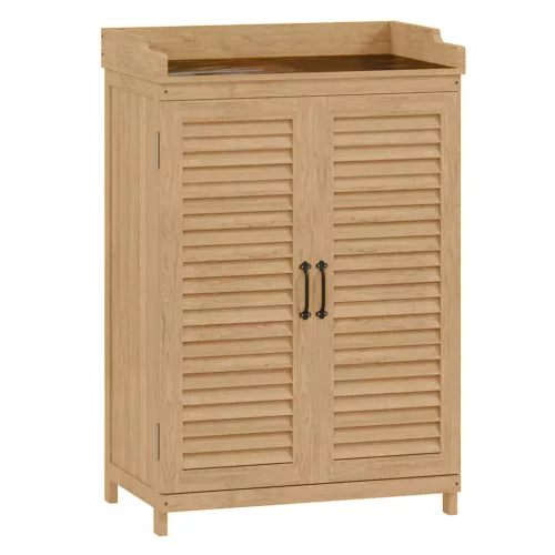 Fa kerti fészer 65,5x40x98,5 cm kerti tárolószekrény munkafelülettel, kompakt kerti szerszámos szekrény