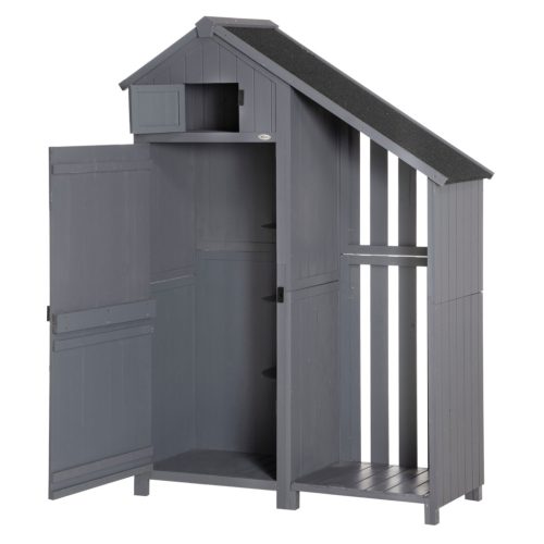 Kerti szerszámtároló ház tűzifatárolóval 129x51,5x180 cm fa kerti tároló szekrény szürke-fekete