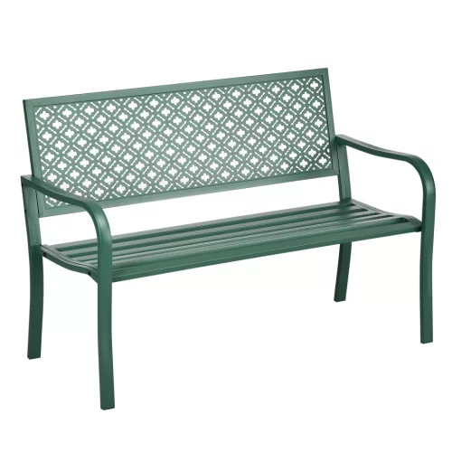 Fém kerti pad 2 személyes kerti pad háttámlával, időjárásálló acél 127x63x83 cm zöld