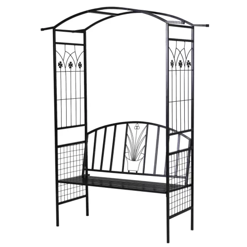 Kerti lugas paddal fém kerti ülőpad futónövény tartóval fekete 154x60x205 cm