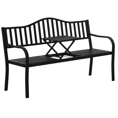 Fém kerti pad kihúzható asztallal 2-3 személyes kerti pad, időjárásálló 240 kg teherbírás 150x58,5x90 cm fekete