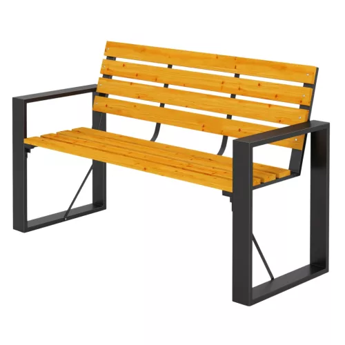 Kerti pad 2 személyes natúr fa és fém kerti pad karfával, lamellás, 136 cm