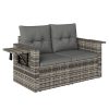 Kerti rattan kanapé 2 személyes átalakítható, kihajtható oldalsó asztalokkal, párnával kültéri ülőgarnitúra, világosszürke