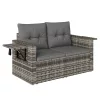 Kerti rattan kanapé 2 személyes átalakítható, kihajtható oldalsó asztalokkal, párnával kültéri ülőgarnitúra, világosszürke