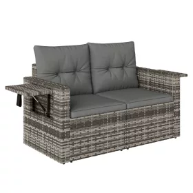   Kerti rattan kanapé 2 személyes átalakítható, kihajtható oldalsó asztalokkal, párnával kültéri ülőgarnitúra, világosszürke