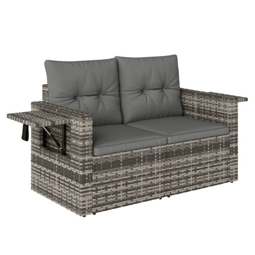 Kerti rattan kanapé 2 személyes átalakítható, kihajtható oldalsó asztalokkal, párnával kültéri ülőgarnitúra, világosszürke
