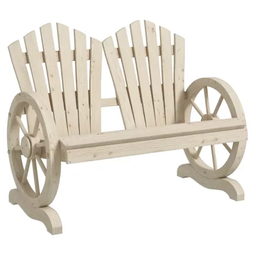 Fa kerti pad kerék karfával 2 személyes rusztikus kerti pad, természetes fa, 108 cm