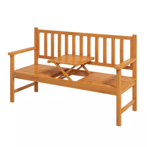 Fa kerti pad asztallal 2-3 személyes kerti pad lehajtható asztallal 153x56x91 cm világosbarna