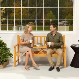   Fa kerti pad asztallal 2-3 személyes kerti pad lehajtható asztallal 153x56x91 cm világosbarna