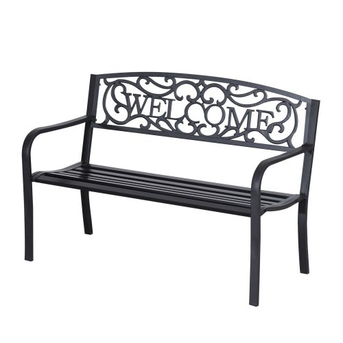 Garden bench outdoor seating furniture metal waterproof garden furniture with "Welcome" written backrest 127x60x87 cm black