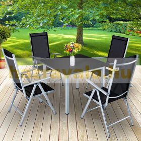   5 részes ülőgarnitúra szett ezüst alumínium vázzal, fekete színben 