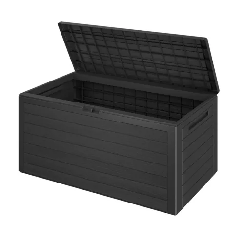 Kültéri tároló doboz 280 literes kerti tárolóláda antracit fahatású vízálló