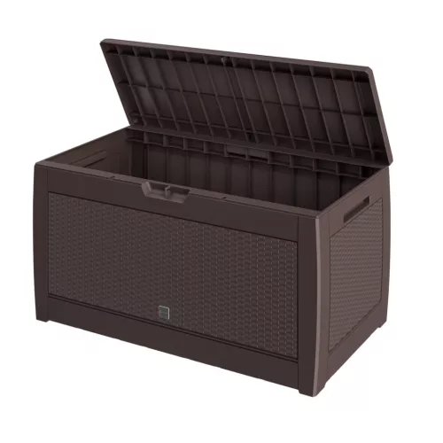 Kerti tároló láda 310 L rattan hatású, vízálló, barna kültéri tároló 119x48x60 cm