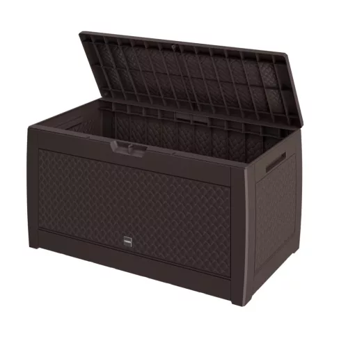 Kerti tároló láda 310 L fonott hatású, vízálló, barna kültéri tároló láda