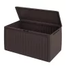 Kerti tároló láda 290 L barna, panel hatású vízálló kültéri tároló kerekekkel, időjárásálló