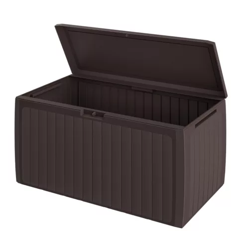 Kerti tároló láda 290 L barna, panel hatású vízálló kültéri tároló kerekekkel, időjárásálló
