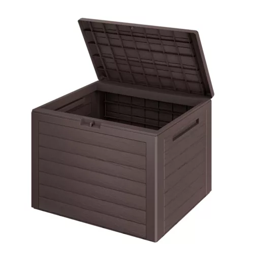 Kerti tárolóláda 190 literes barna kültéri tároló doboz fahatású kivitelben, időjárásálló, zárható