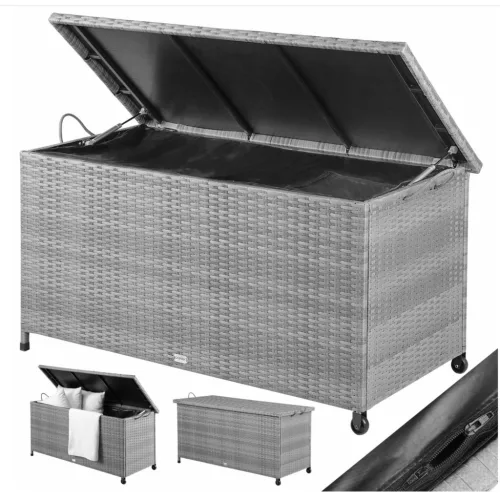 Kerti tároló láda 117x53x60cm 270 liter polyrattan szürke kültéri tároló doboz vízálló béléssel kerekekkel