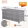 Kerti tároló láda 117x53x60cm 270 liter polyrattan szürke kültéri tároló doboz vízálló béléssel kerekekkel