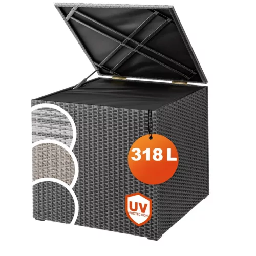 Kerti tárolóláda polirattan 318L fekete kültéri tároló doboz időjárásálló belső béléssel