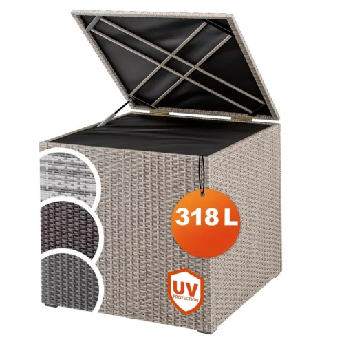 Kerti tárolóláda polirattan 318 liter krémszínű időjárásálló kültéri tároló doboz belső béléssel