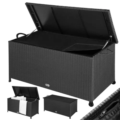 Kerti tároló láda 270 liter polirattan117x53x60 cm fekete kültéri tároló fogantyúkkal, kerekekkel