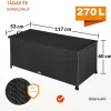 Kerti tároló láda 270 liter polirattan117x53x60 cm fekete kültéri tároló fogantyúkkal, kerekekkel
