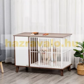  Kutyaketrec szekrénnyel 98x48x70,5 cm párnával barna-fehér
