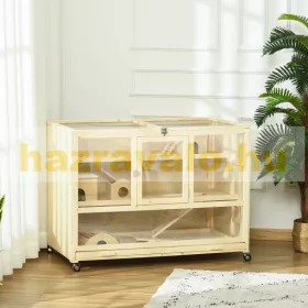   Kisállat ketrec fa rágcsáló ketrec 4 kerékkel 110×60×80 cm 3 szintes, tartozékokkal együtt