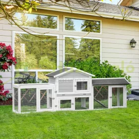   Kisállat ketrec 227x53x85 cm két kifutóval, rámpával fém szürke-fehér-fekete