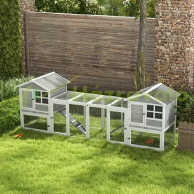   Kisállat ketrec kültéri nyúlketrec 259x64x92 cm két házzal és kifutóval, rámpával, kivehető tálcákkal fehér-szürke