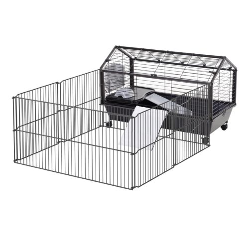 Small animal cage with runner and accessories 88x128.5x56 cm rolling black rodent cage, rabbit cage