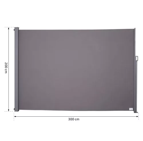 Térelválasztó kihúzható paraván 300x200 cm vízlepergető szövet szélfogó szélvédő világos szürke szín kültéri és beltéri használatra 