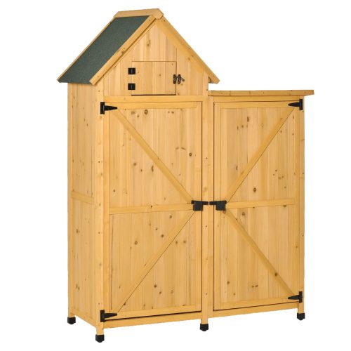 Garden shed wooden double door tool room lacquered pine wood 138x54.5x175 cm