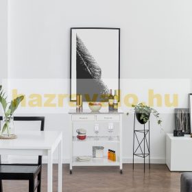   Zsúrkocsi gurulós szervizkocsi 2 fiókkal, 2 polccal, nagy gránit munkalappal fehér színben
