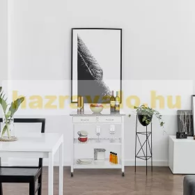   Zsúrkocsi gurulós szervizkocsi 2 fiókkal, 2 polccal, nagy gránit munkalappal fehér színben